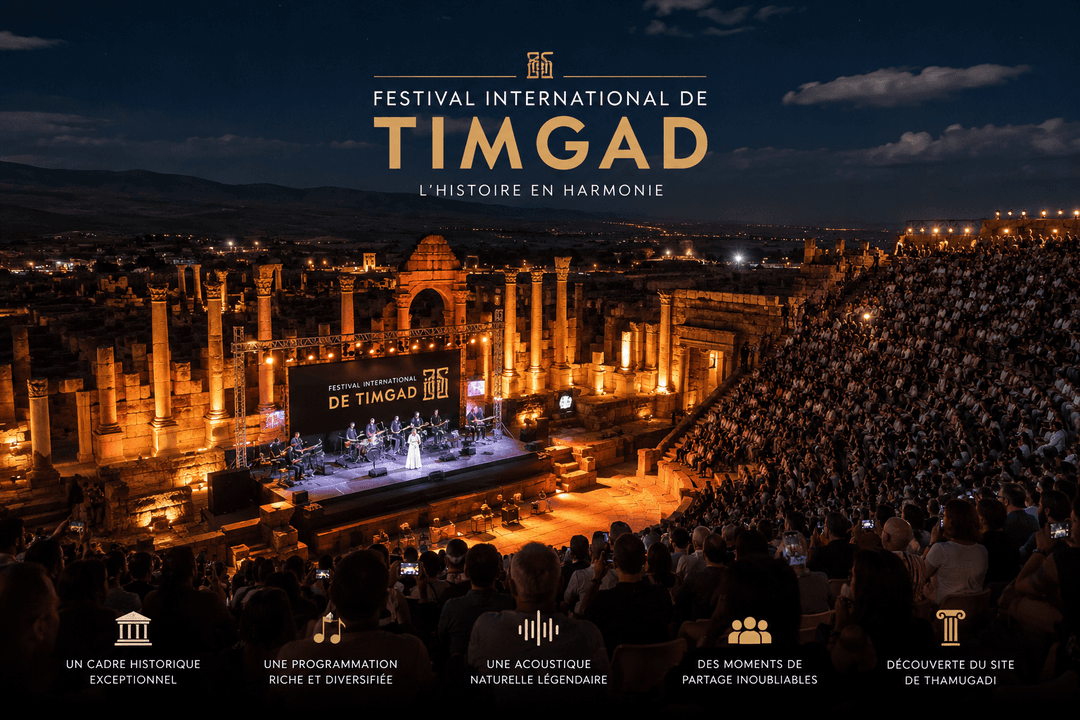 Festival de Timgad dans le théâtre antique illuminé, concert en plein air avec public dans les gradins sous un ciel nocturne en Algérie.