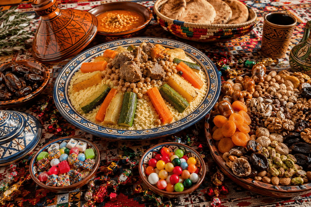 Table garnie de Yennayer avec couscous traditionnel, Tchemmou composé de fruits secs, noix, dattes et bonbons colorés