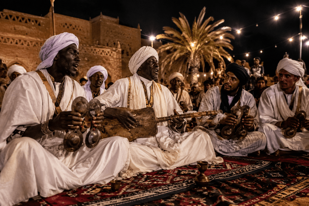 Musiciens de Diwan en Algérie jouant du gumbri et des krakebs lors d’un rituel nocturne, créant une ambiance de transe spirituelle (الجذبة).