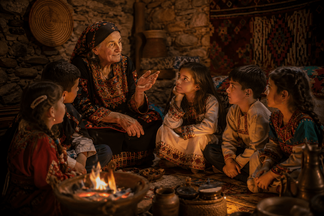 Veillée kabyle traditionnelle autour du feu, une grand-mère transmettant des contes aux enfants.